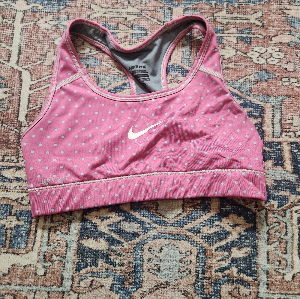 Nike baby pink with pale blue polka dots sports bra XS